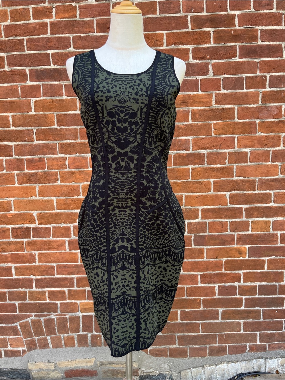 Diane Von Furstenberg Olive Green and Black Patterned Midi Sheath Dress